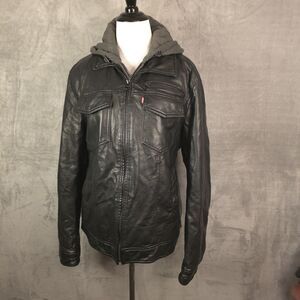 Levi's Men's Black Faux Leather Trucker Hooded Jacket Sherpa Lined Sz Med Biker
